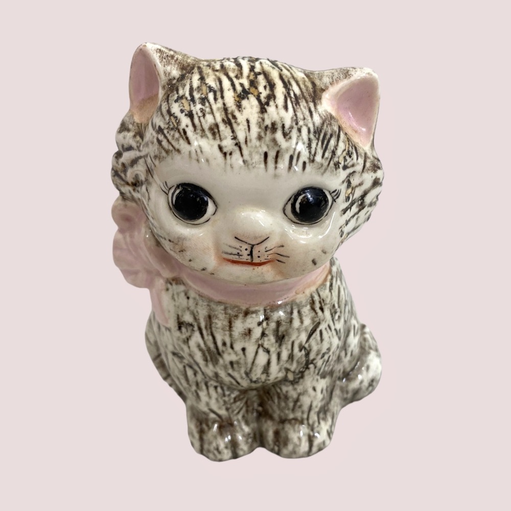Adorable Handmade Kitten with Bow Made of Clay